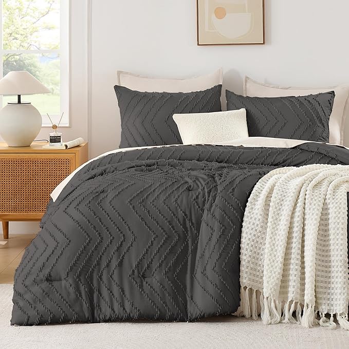 Andency Dark Grey Comforter Set King Size, Boho Soft Warm Tufted Bedding by Andency