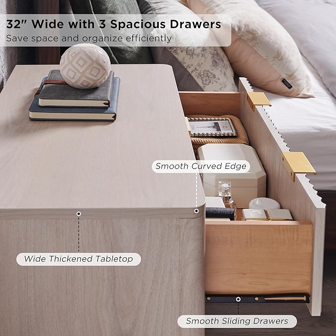 T4TREAM Fluted 3 Drawers Nightstand Set of 2, Oversized Extra Large Modern Side - Image 5
