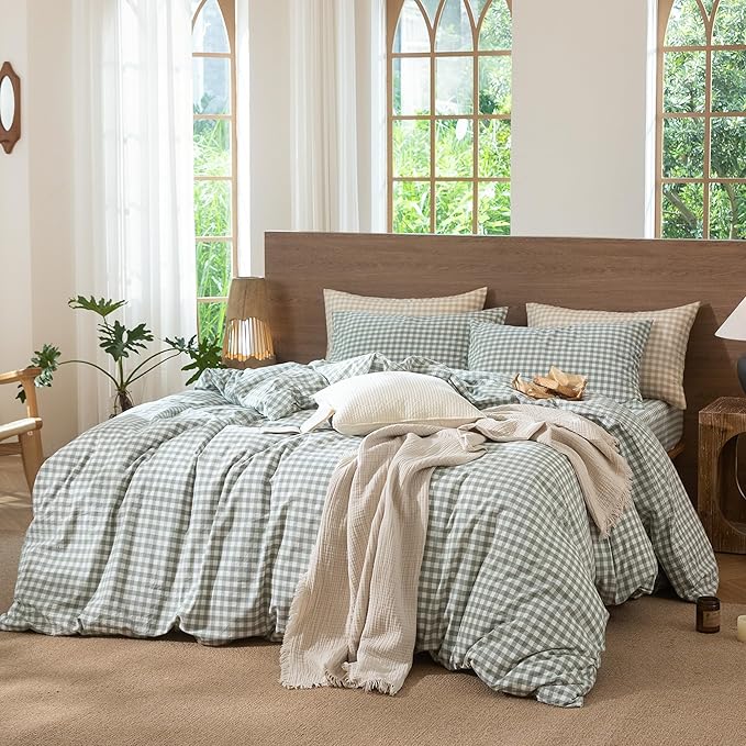 MooMee Gingham Duvet Cover Set 100% Washed Cotton Linen Like Textured - Image 8