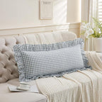 Light Blue/White Ruffled Long Lumbar Gingham Pillow Sham 14x36 inches 1 Piece - Image 4