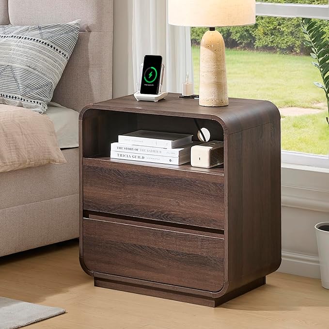 Modern Walnut Nightstand, 2 Storage Drawers Side Table Curved Profile, - Image 2