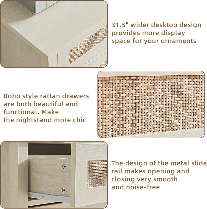 LEYAOYAO 31.5" Wide Rattan Night Stand, Large Boho Nightstand, Bedside Table - Image 5