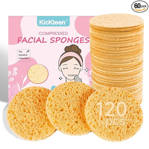 120-Count Compressed Facial Sponges|Kickleen 100% Natural Cellulose Cosmetic by KICKLEEN