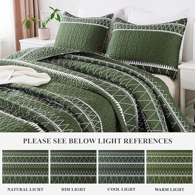 Andency Green King Size Quilt Set, 3 Pieces Boho Lightweight Soft Striped - Image 4
