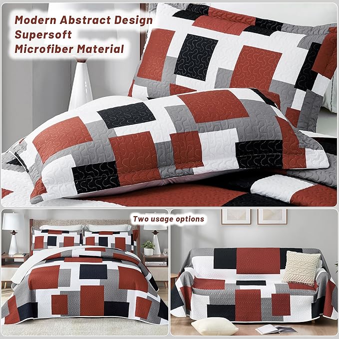Tyrot 3 Piece Burnt Orange Grey Quilt Set Full/Queen Size Black White Gray - Image 3