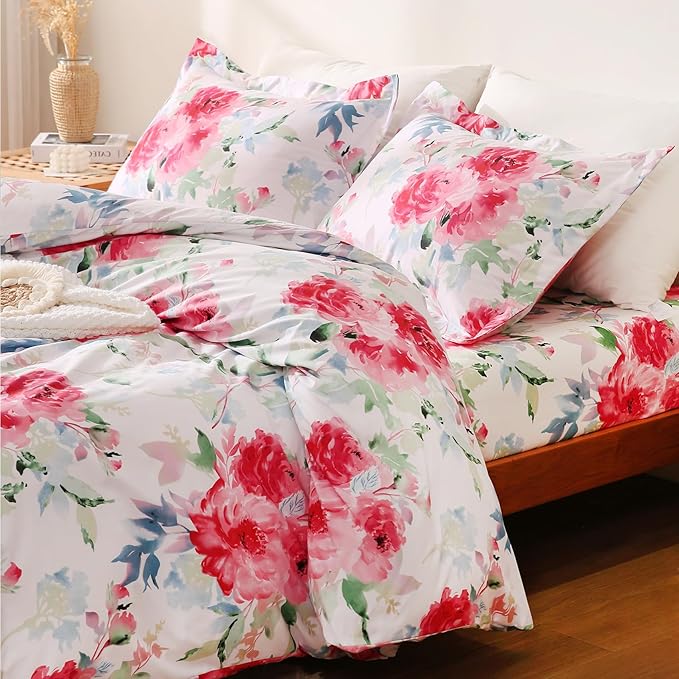 JSD Rose Floral Duvet Cover Set Queen Size, 3 Piece Soft Printed Microfiber - Image 2
