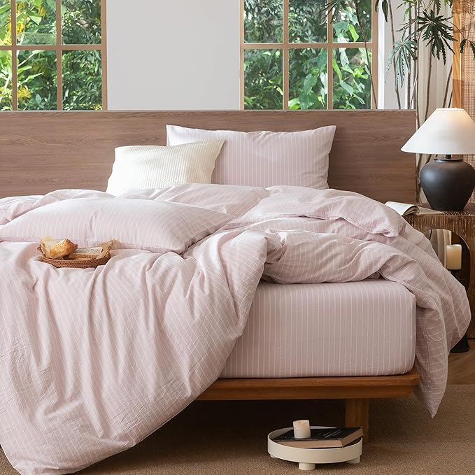 MooMee Striped Duvet Cover Set 100% Washed Cotton Linen Like Textured - Image 6