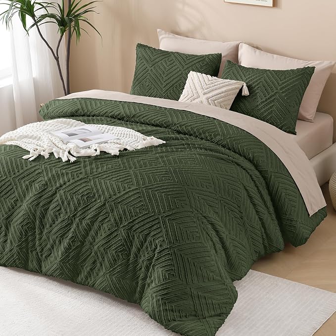 Andency Dark Olive Green Comforter Set King Size, 3 Pieces Boho Men Bedding Set - Image 6