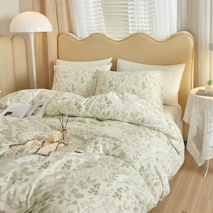 mixinni Girls Boho Green Floral Duvet Cover Set Twin Size Cotton Soft Aesthetic - Image 2