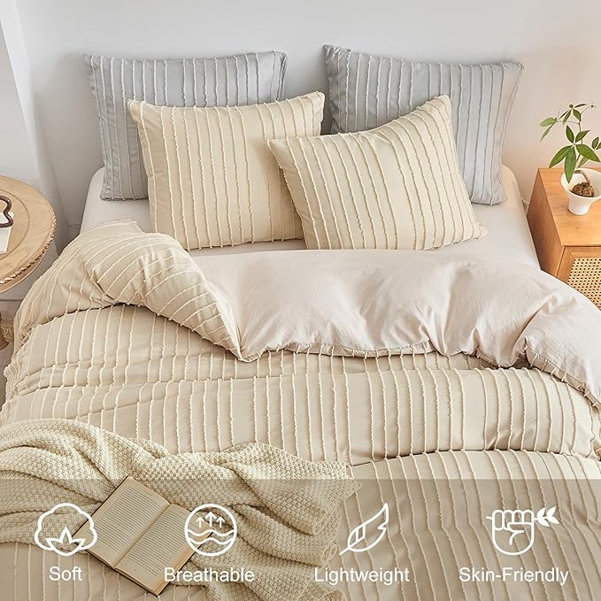 WARMDERN Khaki Boho Duvet Cover Twin Size, Striped Textured Duvet Cover Tufted - Image 3