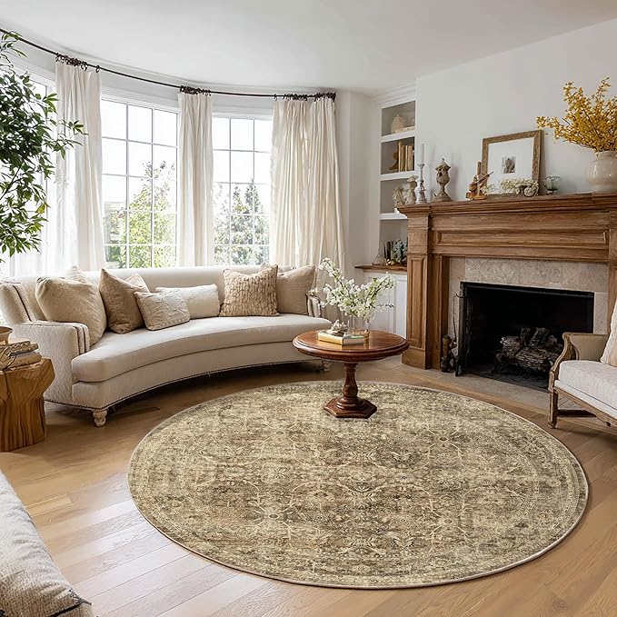 FMFUNCTEX 6ft Round Washable Area Rug Brown Vintage Neutral Distressed Non Slip by Fmfunctex