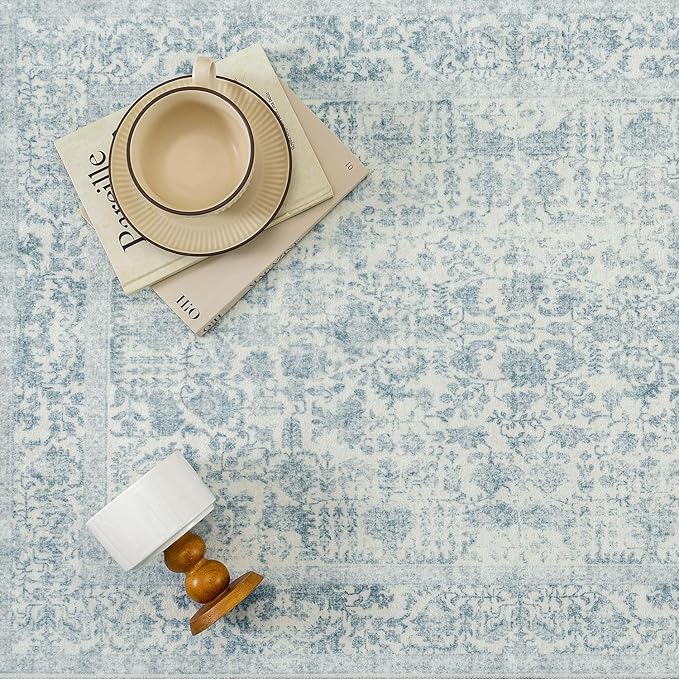 Blue Area Rug 6x9 Machine Washable Vintage Living Room Distressed Non Slip - Image 7