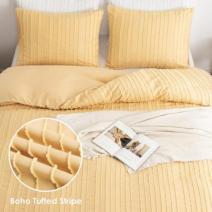 WARMDERN Yellow Boho Duvet Cover, Striped Textured Duvet Cover Tufted Bedding - Image 2