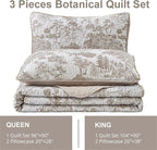 WONGS BEDDING Botanical Quilt Set Full Size, 3 Pieces Khaki Toile Floral Plants - Image 6
