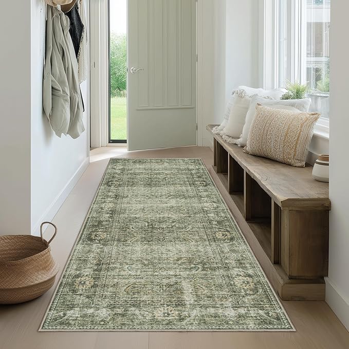 FMFUNCTEX 2x6 Runner Rug Green Vintage Neutral Washable Distressed Non Slip Low - Image 3