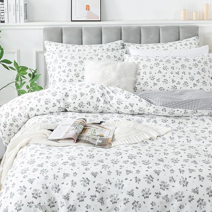 FADFAY Floral Duvet Cover Set King/Cal King Size 100% Cotton Grey White Flower - Image 9