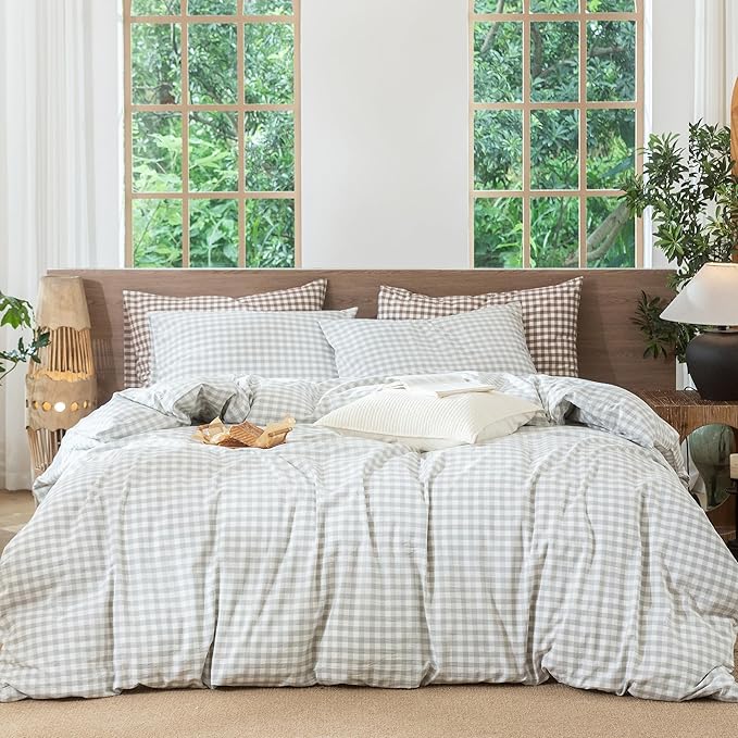 MooMee Gingham Duvet Cover Set 100% Washed Cotton Linen Like Textured by MOOMEE