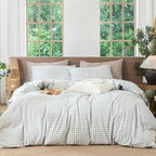 MooMee Gingham Duvet Cover Set 100% Washed Cotton Linen Like Textured by MOOMEE
