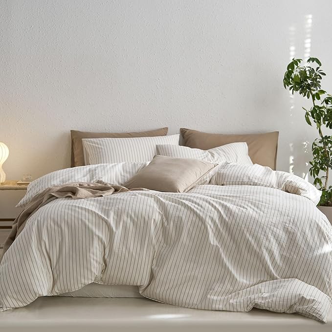 MooMee Striped Duvet Cover Set 100% Washed Cotton Linen Like Textured by MOOMEE