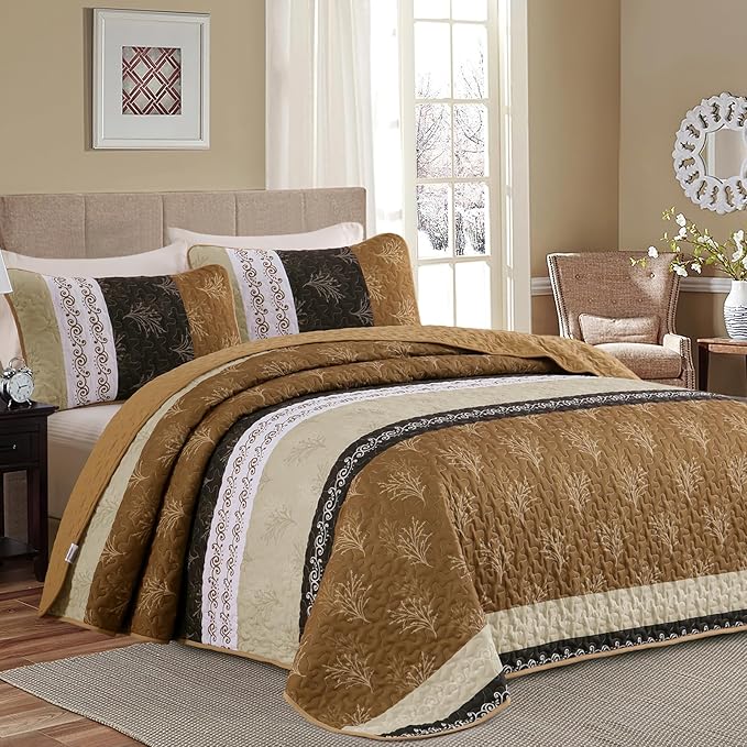 DJY Brown Quilt Set King Size Striped Bedspread Coverlet Set 3 Pieces Boho by HOME