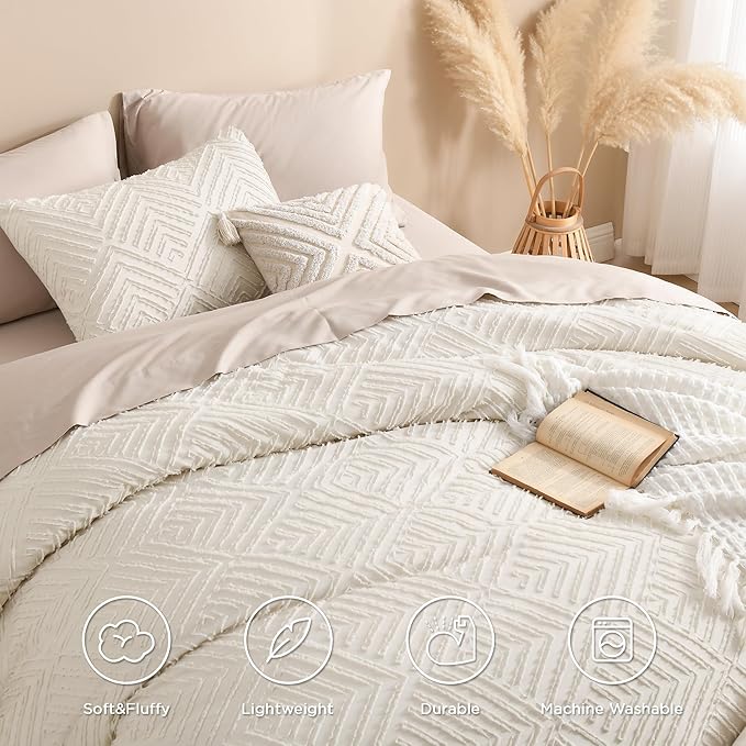 Andency King Size Comforter Set Beige, 3 Pieces Boho King Bedding Comforter Set - Image 4