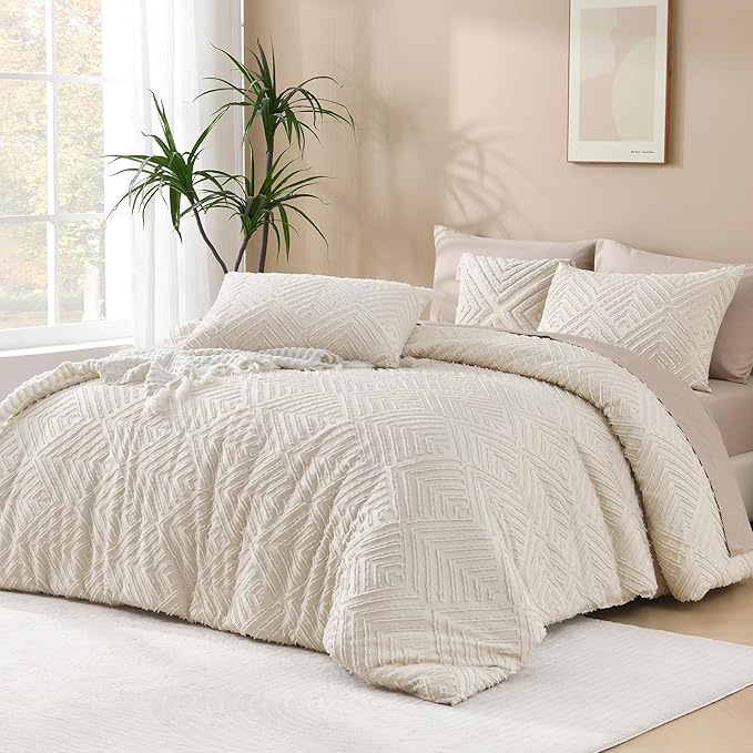 Andency Beige Boho Full Size Comforter Set, 3 Pieces Chevron Tufted Farmhouse by Andency