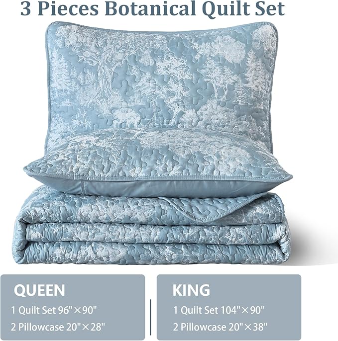 WONGS BEDDING Botanical Quilt Set King Size, Aqua 3 Pieces Toile Floral Plants - Image 7
