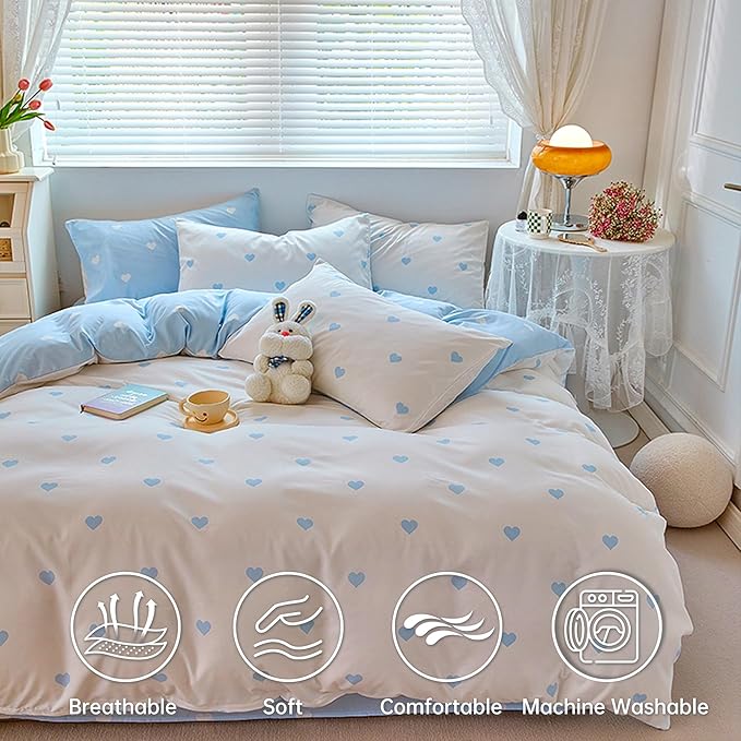 BOLINLIVING Cute Duvet Cover Queen Size, Reversible Light Blue & White Heart - Image 3