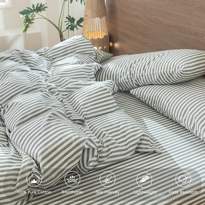 MooMee Striped Duvet Cover Set 100% Washed Cotton Linen Like Textured - Image 3