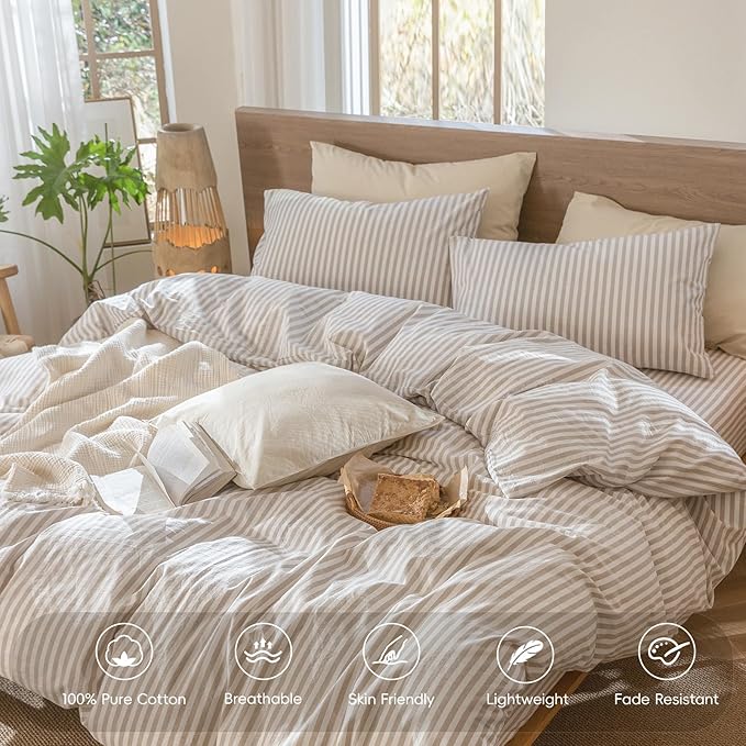 MooMee Striped Duvet Cover Set 100% Washed Cotton Linen Like Textured - Image 4