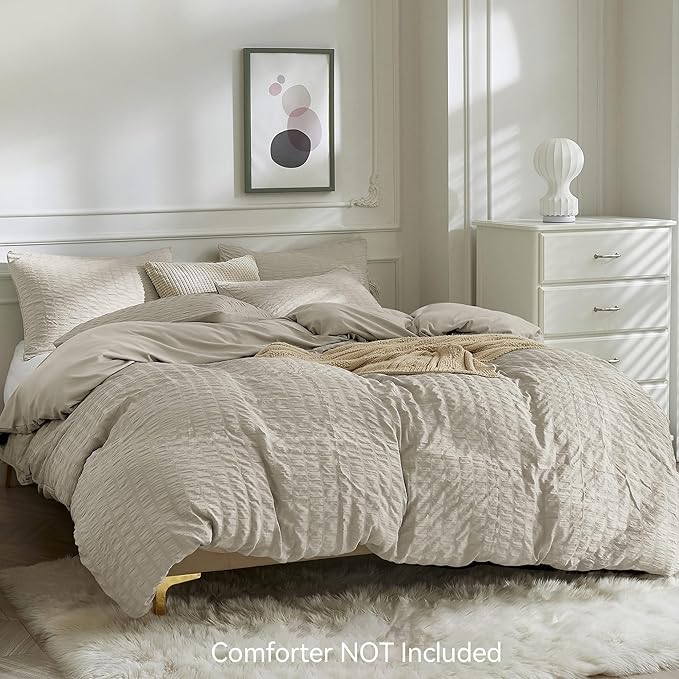 JELLYMONI Beige Duvet Cover King Size, Soft Breathable Seersucker Duvet Cover - Image 2