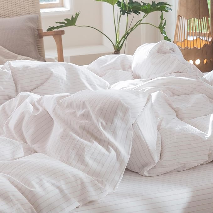 MooMee Striped Duvet Cover Set 100% Washed Cotton Linen Like Textured - Image 9