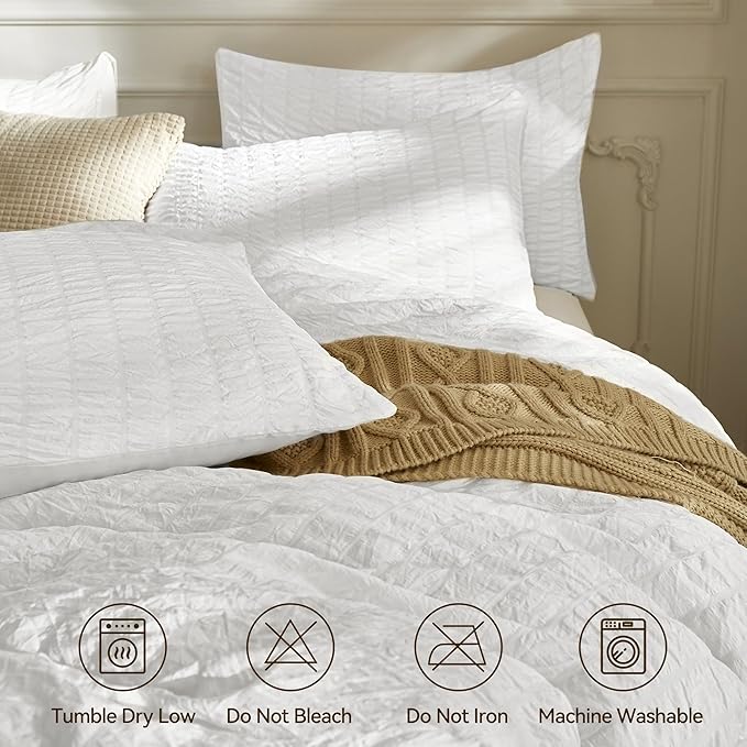 JELLYMONI Bright White Duvet Cover Twin Size, Soft Breathable Seersucker Duvet - Image 4