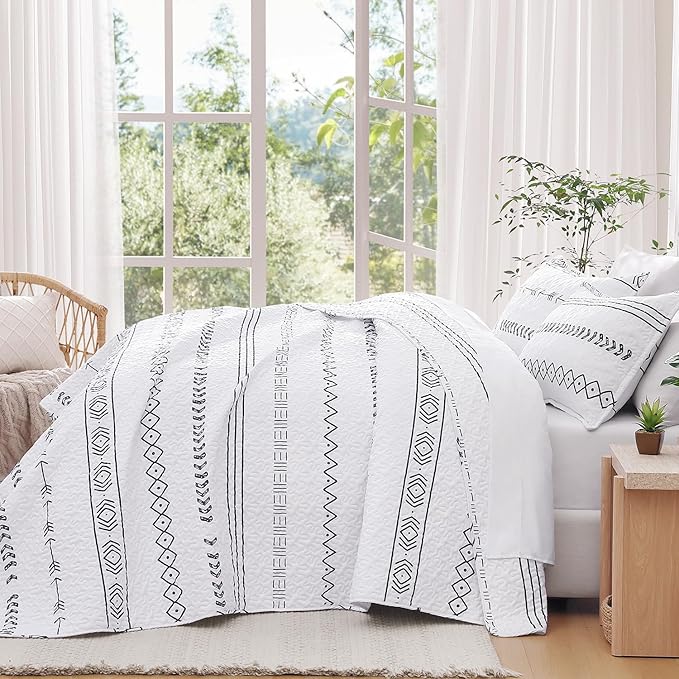 Andency White California King Quilt Set, 3 Pieces Boho Lightweight Soft Striped - Image 7