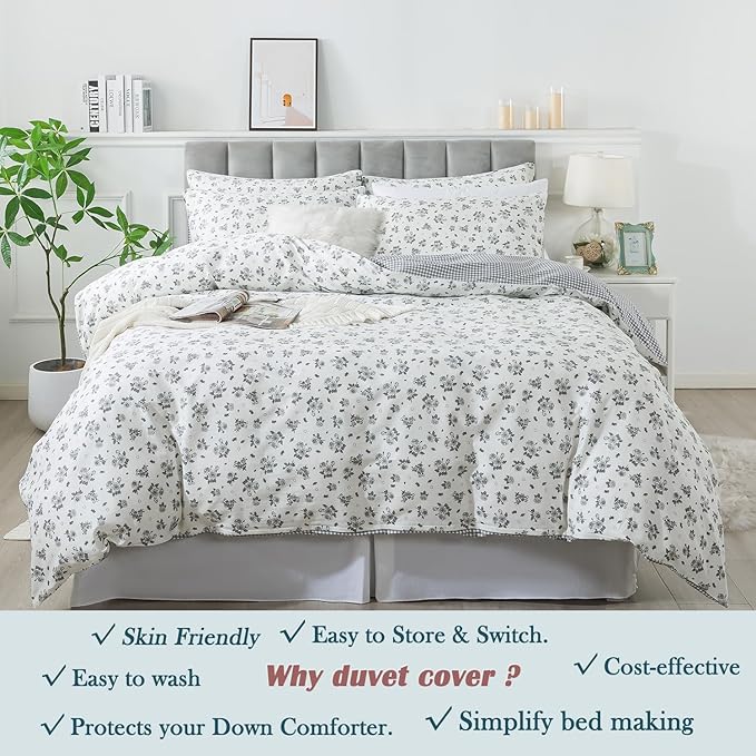 FADFAY Floral Duvet Cover Set King/Cal King Size 100% Cotton Grey White Flower - Image 6