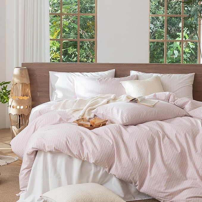 MooMee Striped Duvet Cover Set 100% Washed Cotton Linen Like Textured - Image 9