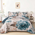 WONGS BEDDING Aqua Floral Quilt Set King, 3 Pieces Reversible Lightweight by WONGSBEDDING