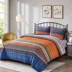 WONGS BEDDING Boho Fall Quilt Full Size, 3 Pieces Orange Blue Bohemian - Image 2