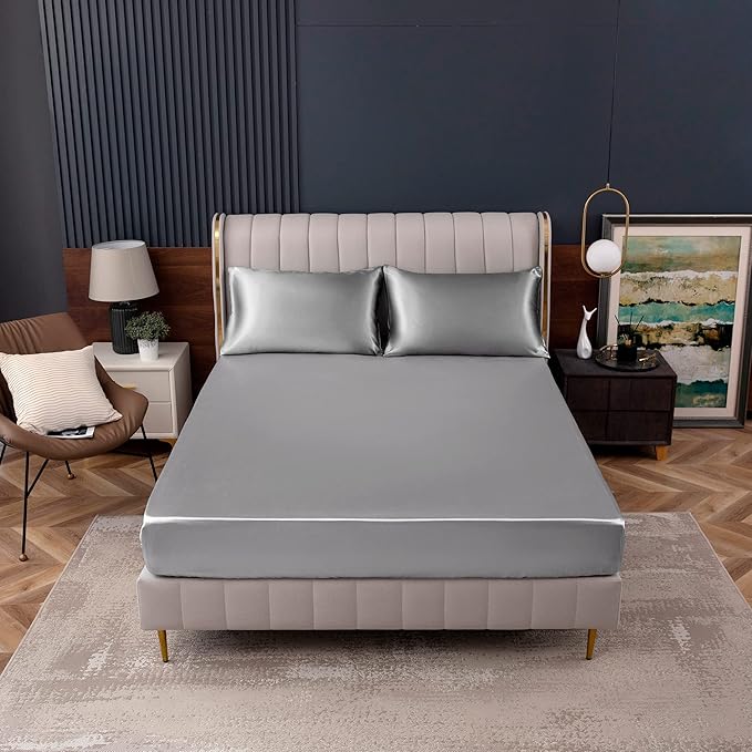 Homiest Light Grey Satin Fitted Sheet King Size, Deep Pocket, Luxury & Ultra - Image 2