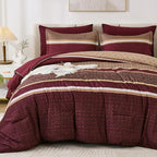 WONGS BEDDING Burgundy Comforter Set Queen Size, 7 Pieces Maroon Striped Bed in by WONGSBEDDING
