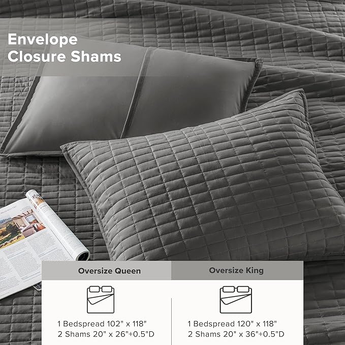 Comfort Spaces Charcoal Oversized King Quilt Set 120"x118" Bedspread Quilted - Image 5