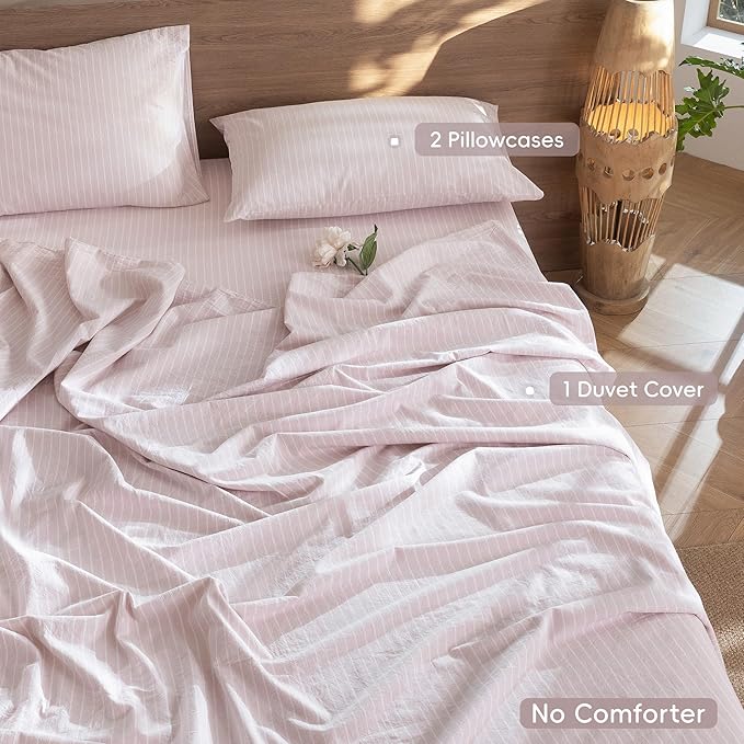 MooMee Striped Duvet Cover Set 100% Washed Cotton Linen Like Textured - Image 2