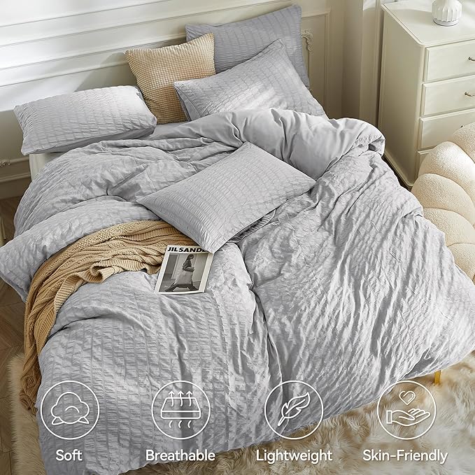 JELLYMONI Light Grey Duvet Cover Full Size, Soft Breathable Seersucker Duvet - Image 2