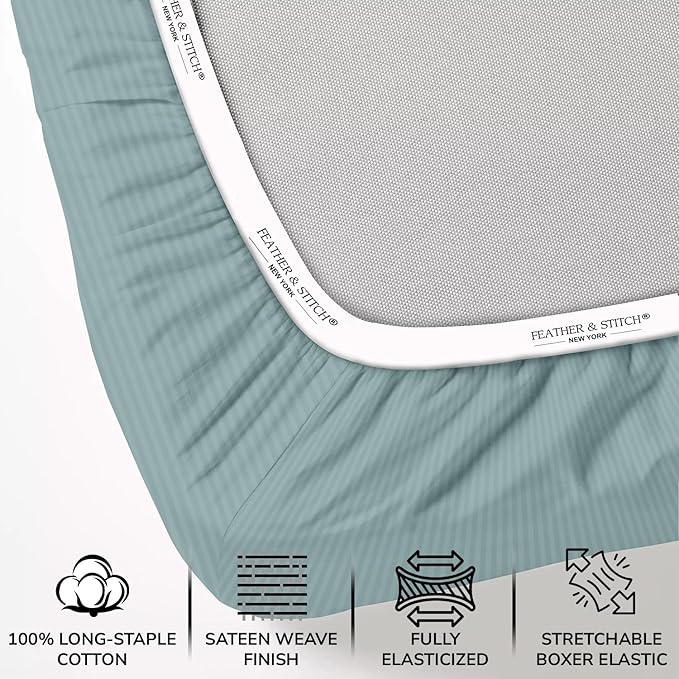 Feather & Stitch 1 PC Fitted Sheet Twin Size, 100% Cotton Damask Sateen Weave - Image 2