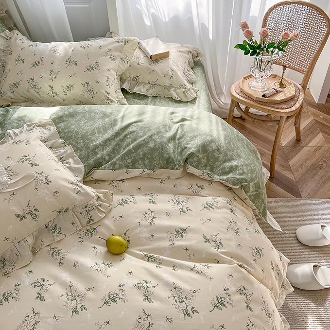 mixinni Reversible Sage Green Floral Duvet Cover Set King Size by mixinni