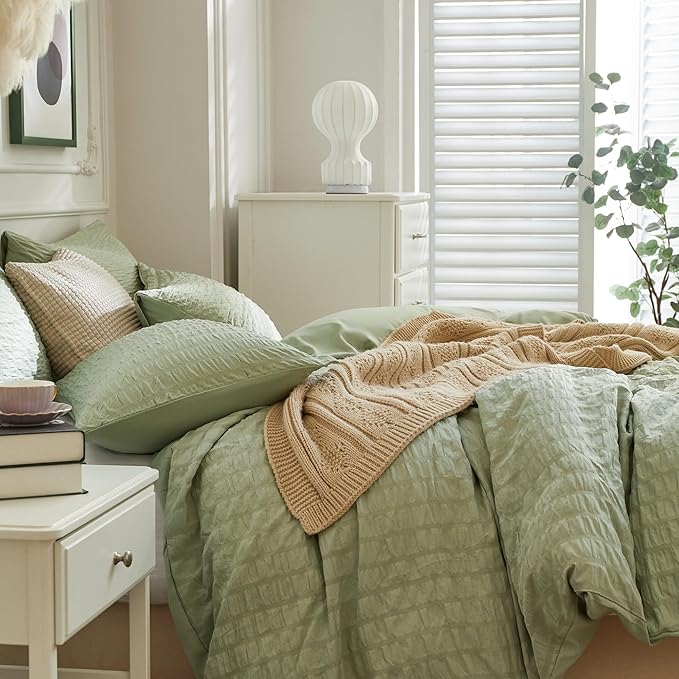 JELLYMONI Light Green Duvet Cover Twin Size, Soft Breathable Seersucker Duvet - Image 7