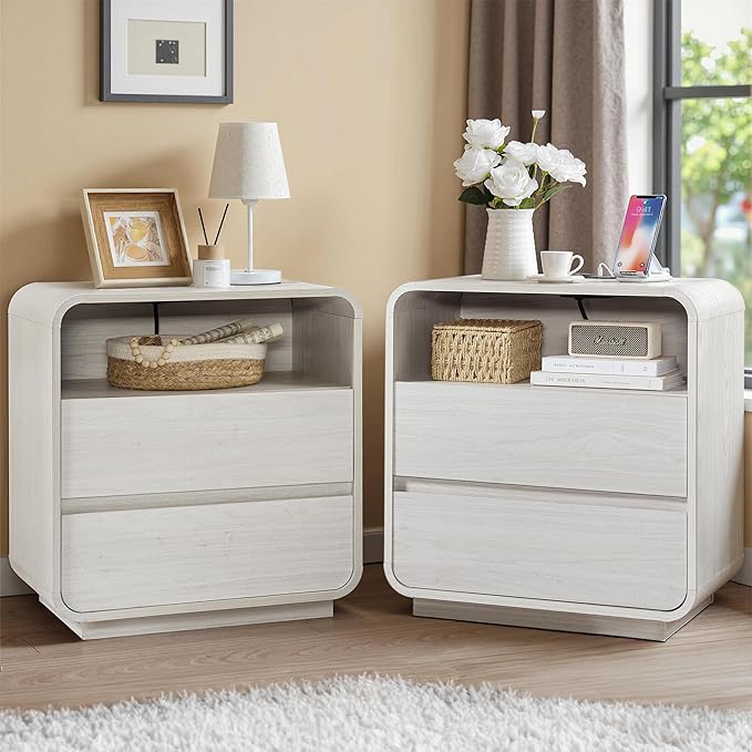 White Nightstand Set of 2 with Charging Station, 23.2" Wide Wood Bedside Table - Image 9