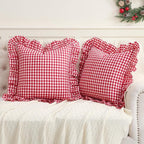 2 Pack Red/White Plaid Ruffled Throw Pillow Sham 20 x20 inches, Washed Cotton by Qilunn