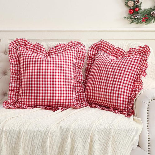 2 Pack Red/White Plaid Ruffled Throw Pillow Sham 20 x20 inches, Washed Cotton by Qilunn