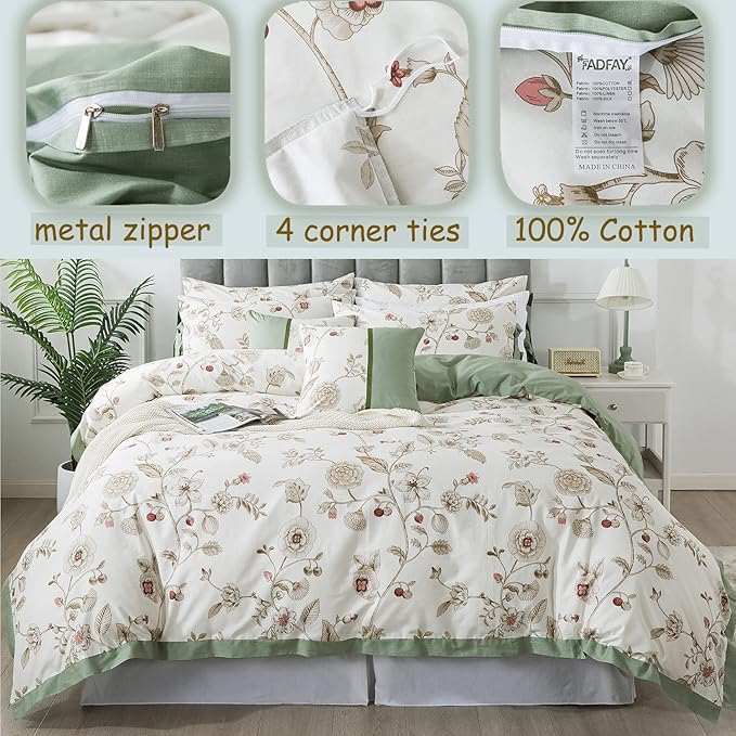 FADFAY Floral Bedding Set Twin 100% Cotton Shabby and Chic Beige Green - Image 3
